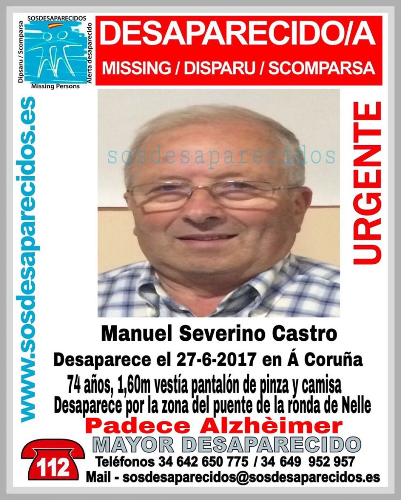 Buscan a Manuel Severino Castro, de 74 años, enfermo de Alzheimer, desaparecido en A Coruña