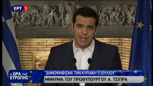 Tsipras en televisión anunciando la convocatoria del referéndum