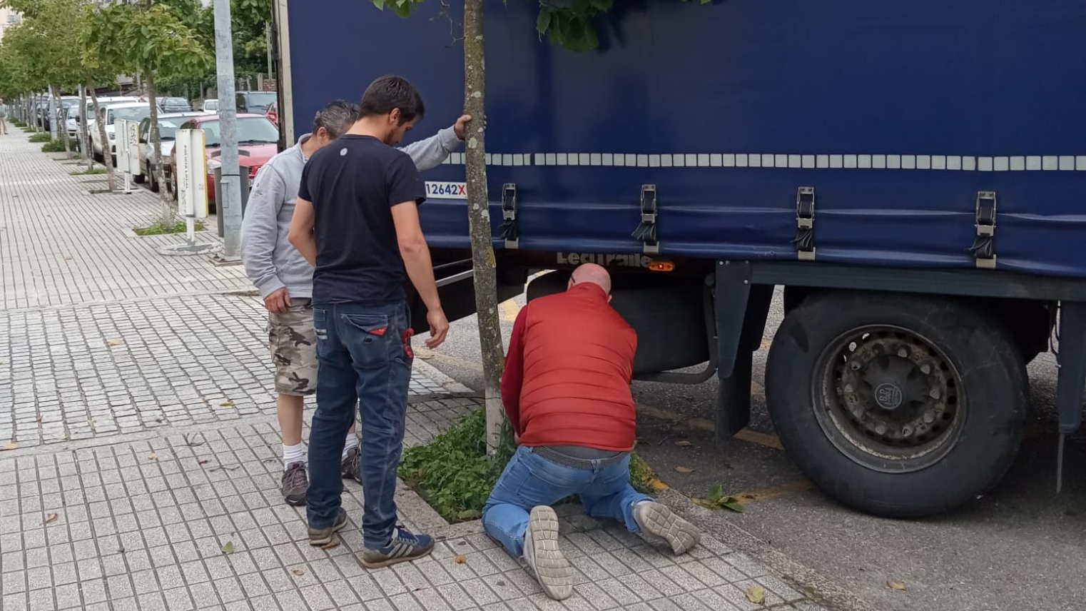 Talan, sin más, en Vigo, un árbol para que un camión pueda entrar en el Pabellón del Carmen