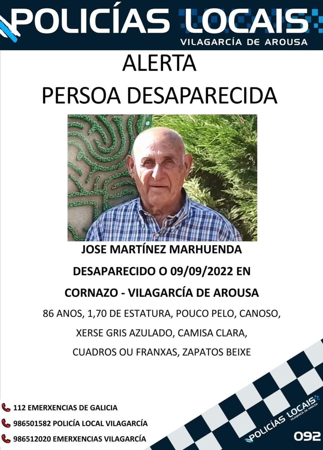 Buscan a un hombre de 86 años desaparecido en Vilagarcía