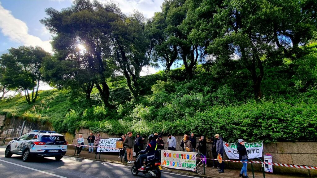 Decenas de vecinos paralizan la tala de árboles en la zona de A Falperra