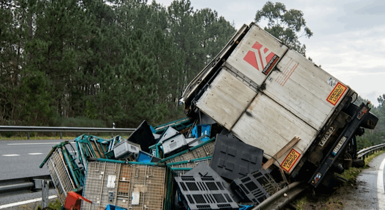 Un camión vuelca en la A-52 entre O Porriño y Ponteareas y provoca retenciones a primera hora