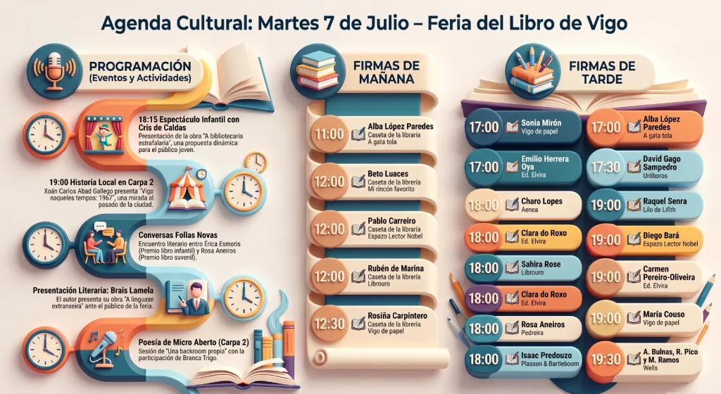 Último día de la Feria del Libro de Vigo: horario de actividades, presentaciones y firmas de este martes 7 de julio