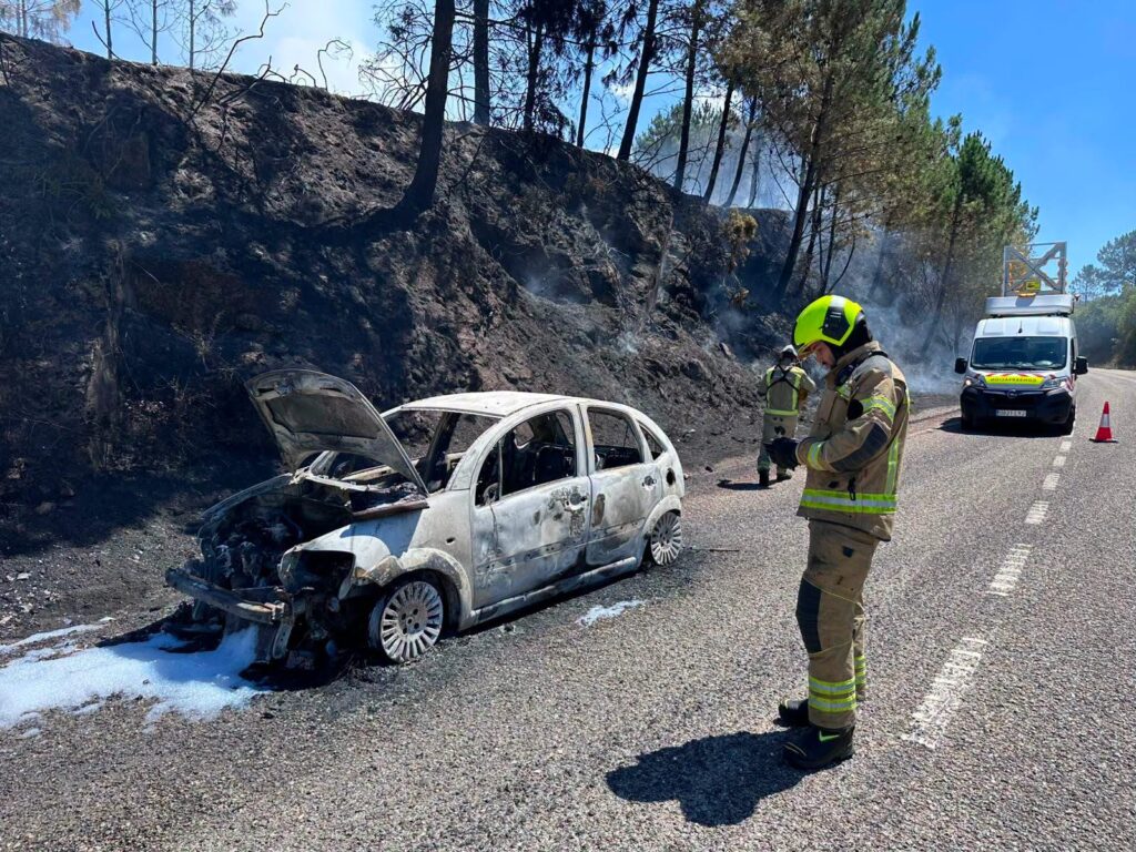 Espectacular incendio en A Cañiza: un vehículo arde y el fuego salta al monte