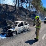 Espectacular incendio en A Cañiza: un vehículo arde y el fuego salta al monte